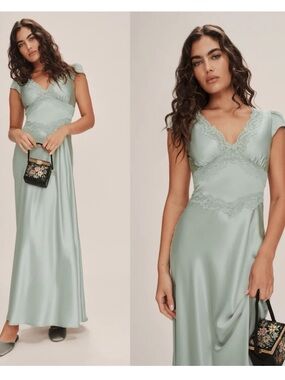 NWT Reformation Noem Lace Satin Cap Sleeve Maxi Dress Green Salvia Size 6
